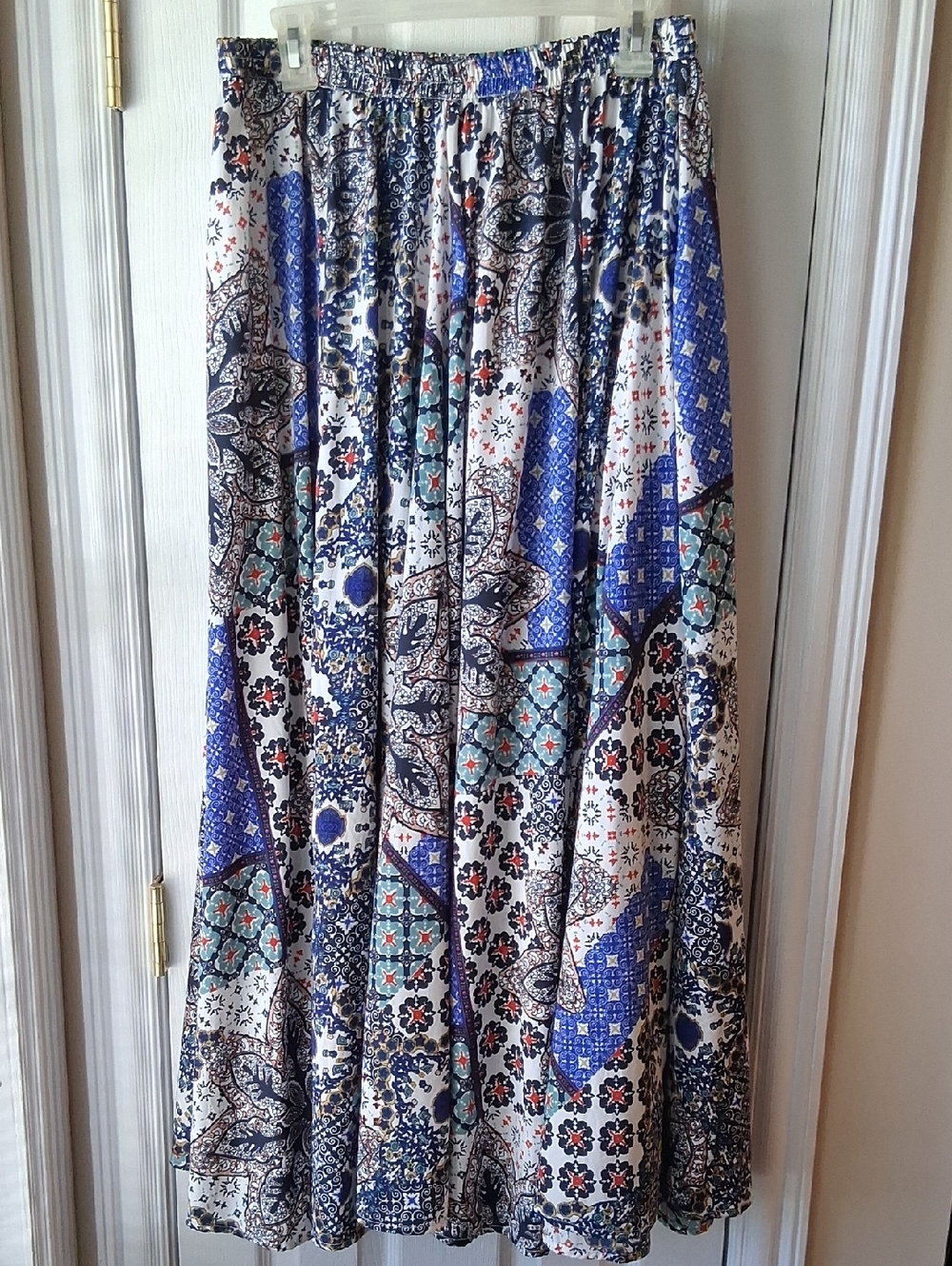 Boho Full Circle Blue Printed Maxi Skirt - Elastic Pull On Waist